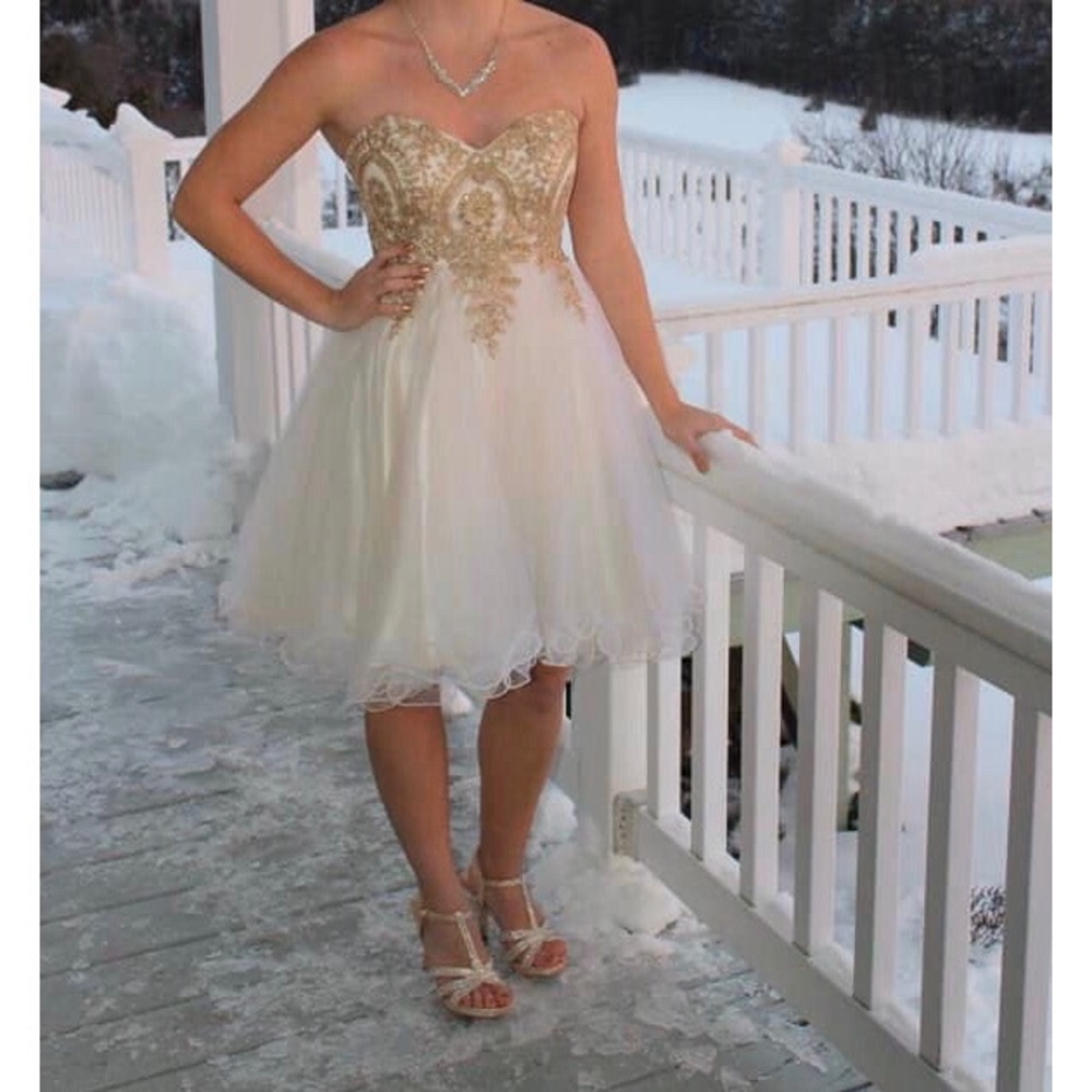 White & Gold Corset Back Dress